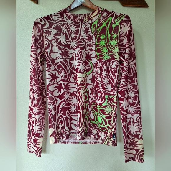 Stussy Psychedelic Palm Tree Long Sleeve Crew Neck Mesh Top Womens Size S - Picture 1 of 8
